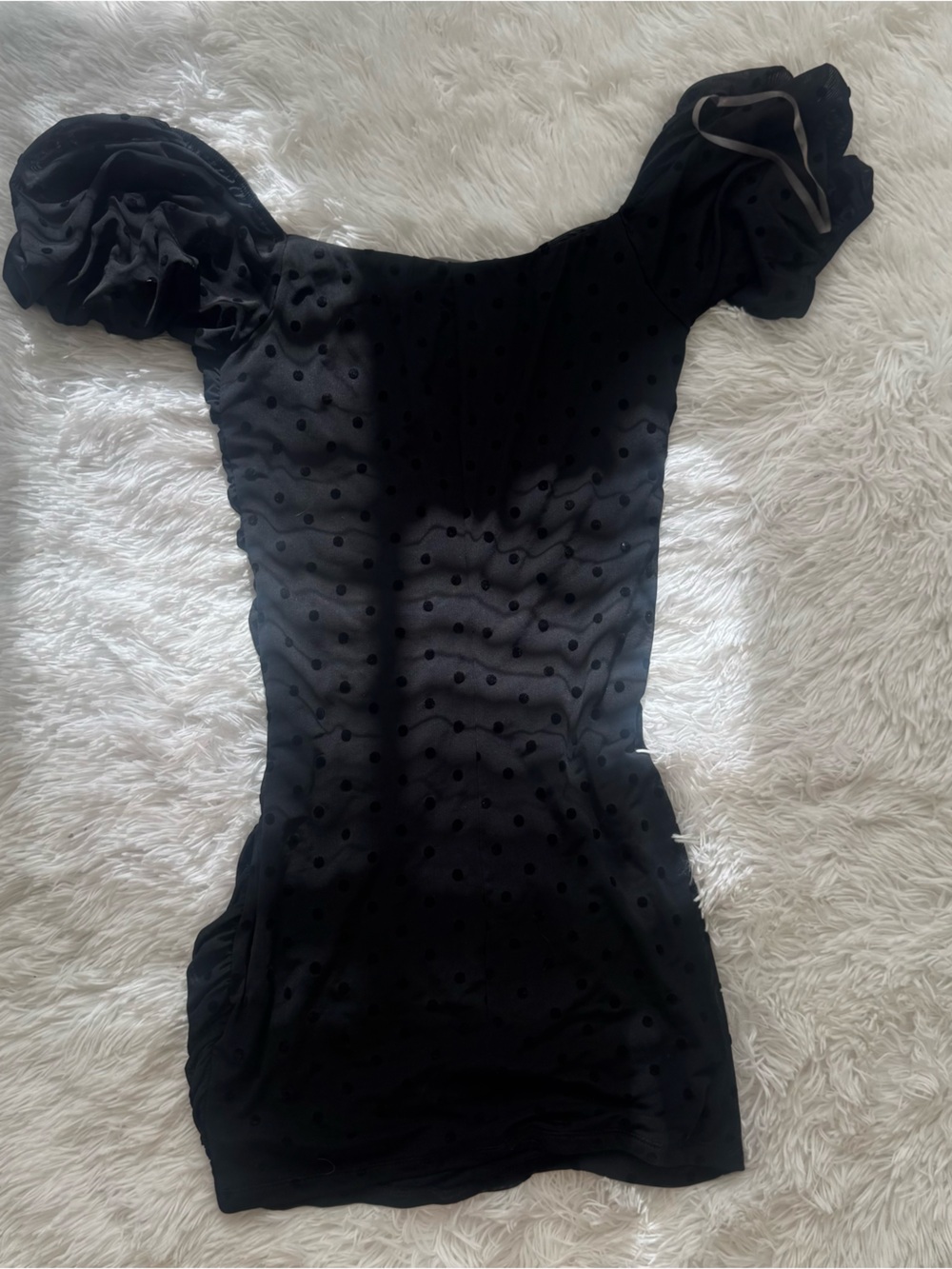 Windsor Black Polka Dot Puff Sleeve Off Shoulder Ruched Women's Dress